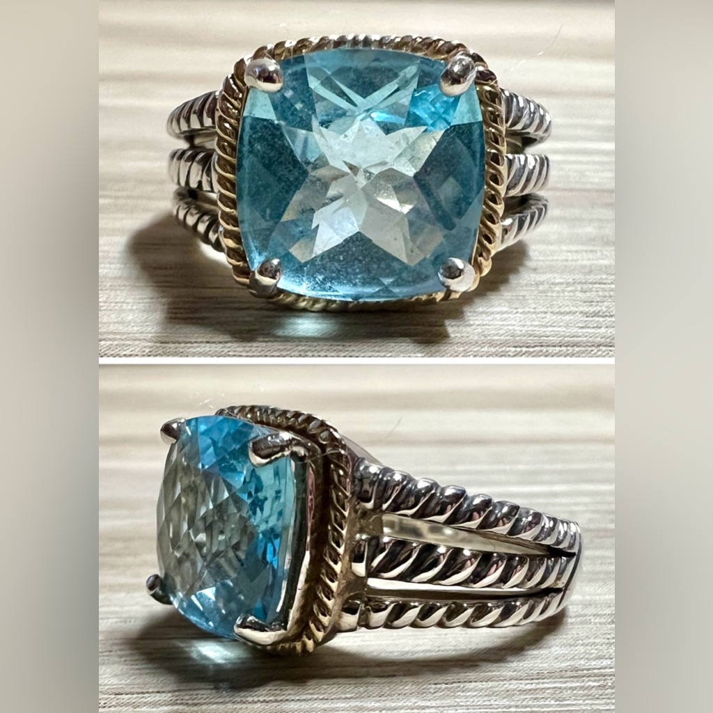 Vintage Designer Atr Sterling Silver & 14k Yellow Gold Blue Topaz Ring, Size 7